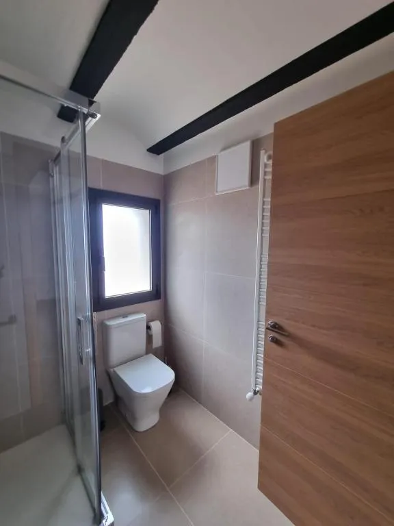 Second bathroom with a low-profile shower tray, toilet and a window with natural light