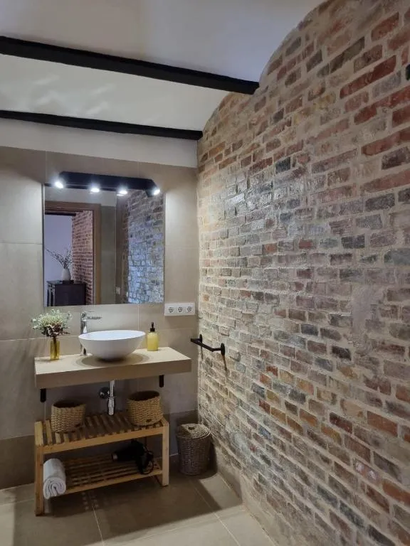 Bathroom with a vessel basin on a wooden vanity unit and a large old brick wall