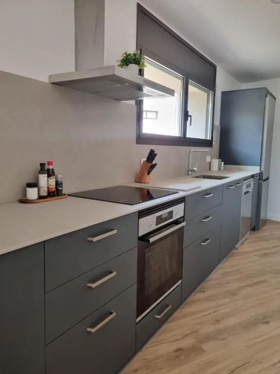 Fully equipped single-run kitchen with induction hob, oven, extractor hood and dishwasher