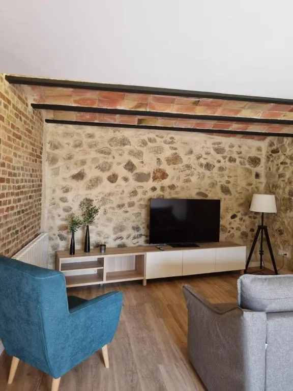 Living room with a dry-stone wall, television, blue armchair and black steel beam
